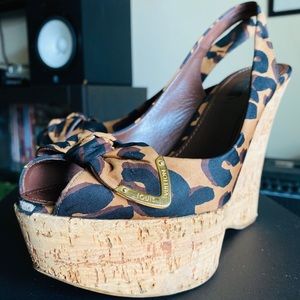 💯LOUIS VUITTON Leopard Wedge Sandals Heels Gold